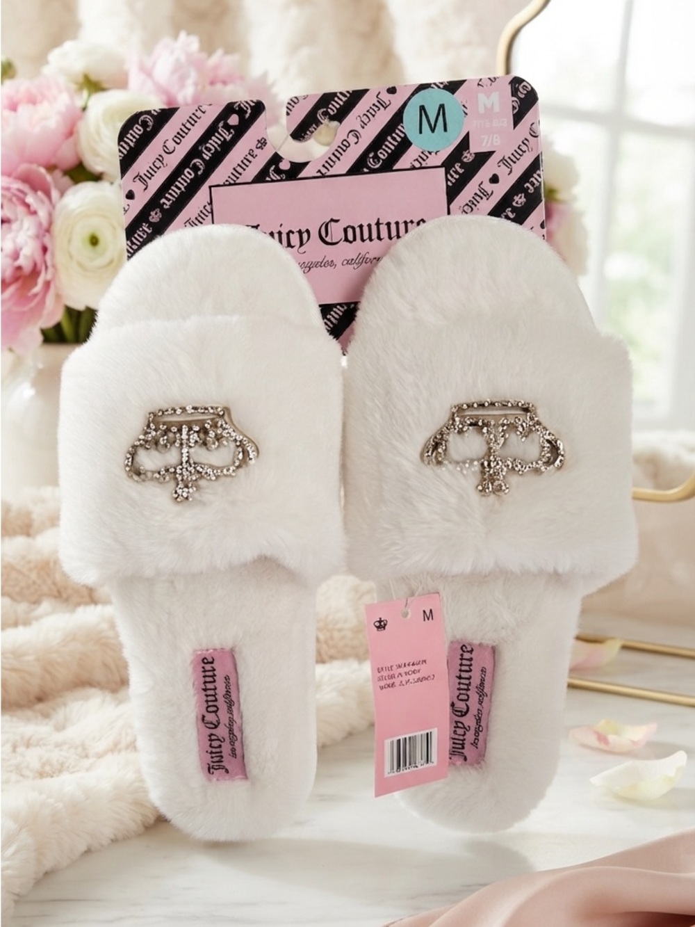 Juicy Couture White Faux Fur Slide Slippers with Rhinestone Logo